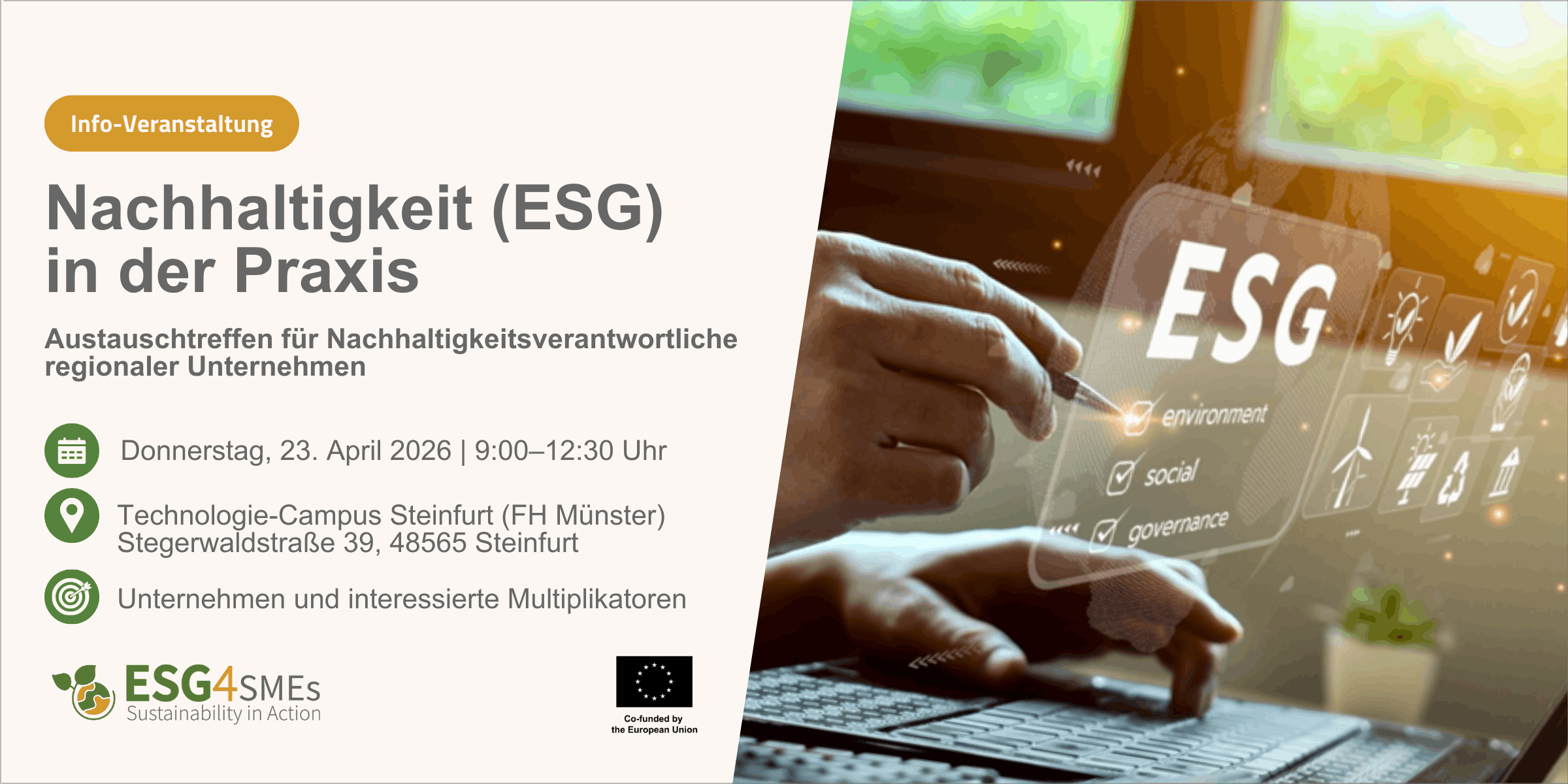 23.04.: Nachhaltigkeit (ESG) in der Praxis: Austauschtreffen für Nachhaltigkeitsverantwortliche regionaler Unternehmen 1